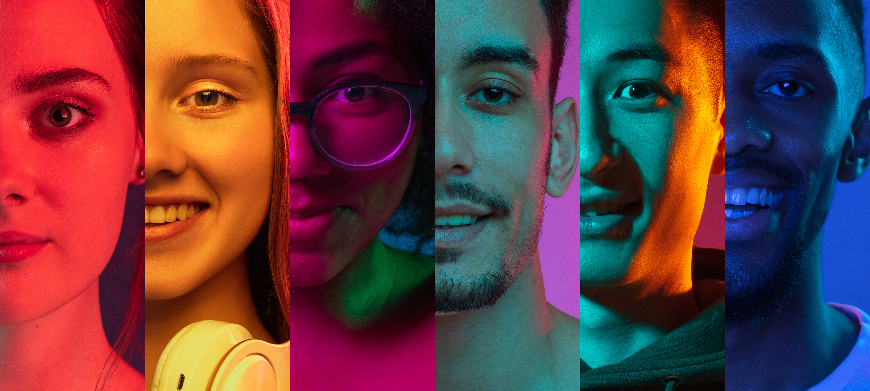 Ausgeschnittene Porträts einer Gruppe von Menschen auf mehrfarbigem Hintergrund in Neonlicht. Collage aus sechs Personen