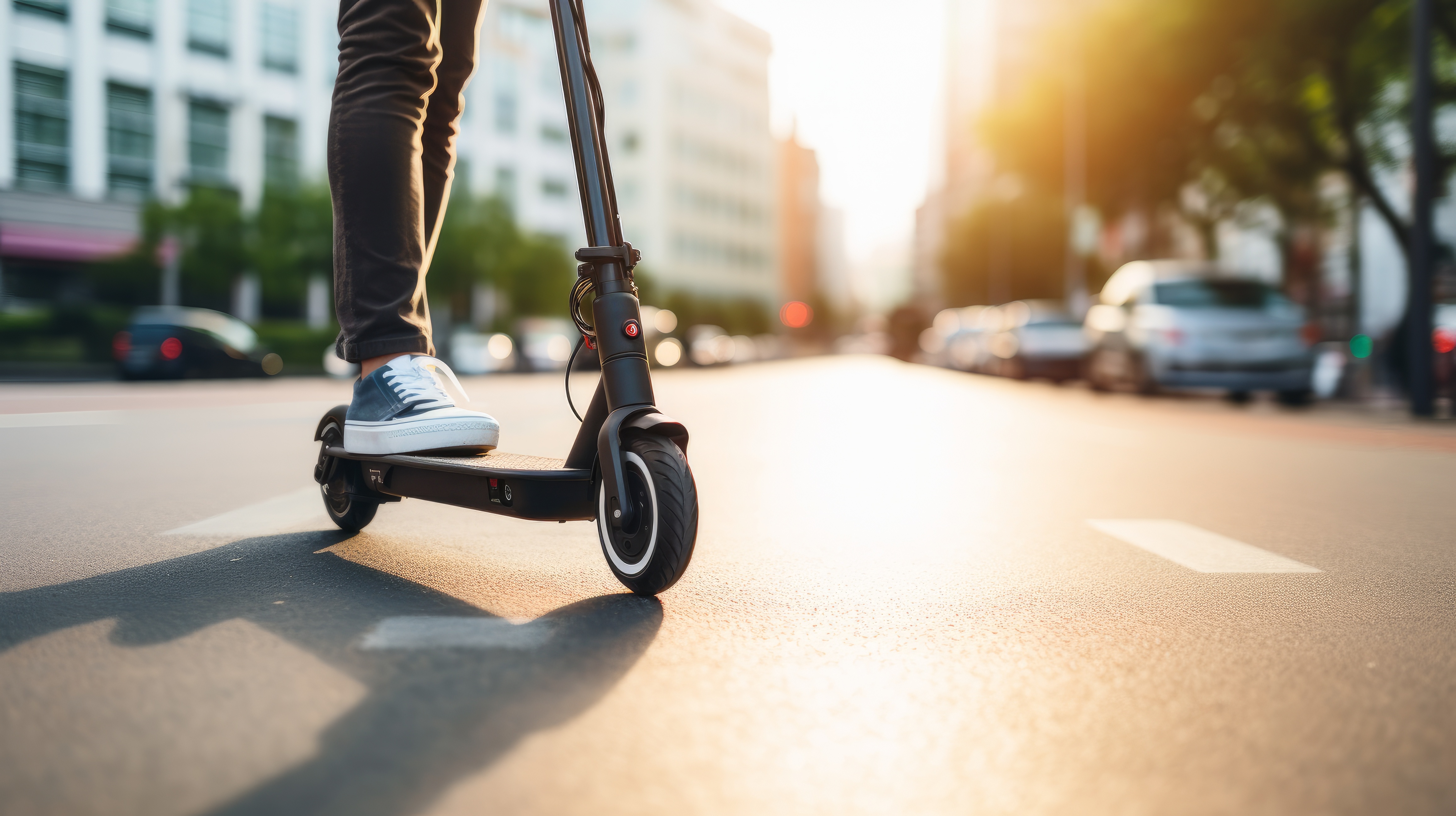 Ein E-Scooter, der gerade die Straße überquert. 