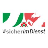 Logo "Sicher im Dienst", NRW Landewappen und Hashtag Sicher im Dienst